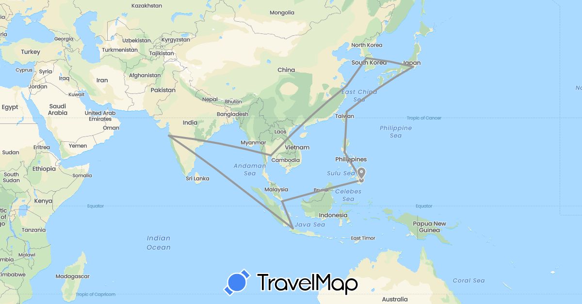 TravelMap itinerary: driving, plane in China, Indonesia, India, Japan, South Korea, Philippines, Singapore, Thailand, Taiwan (Asia)